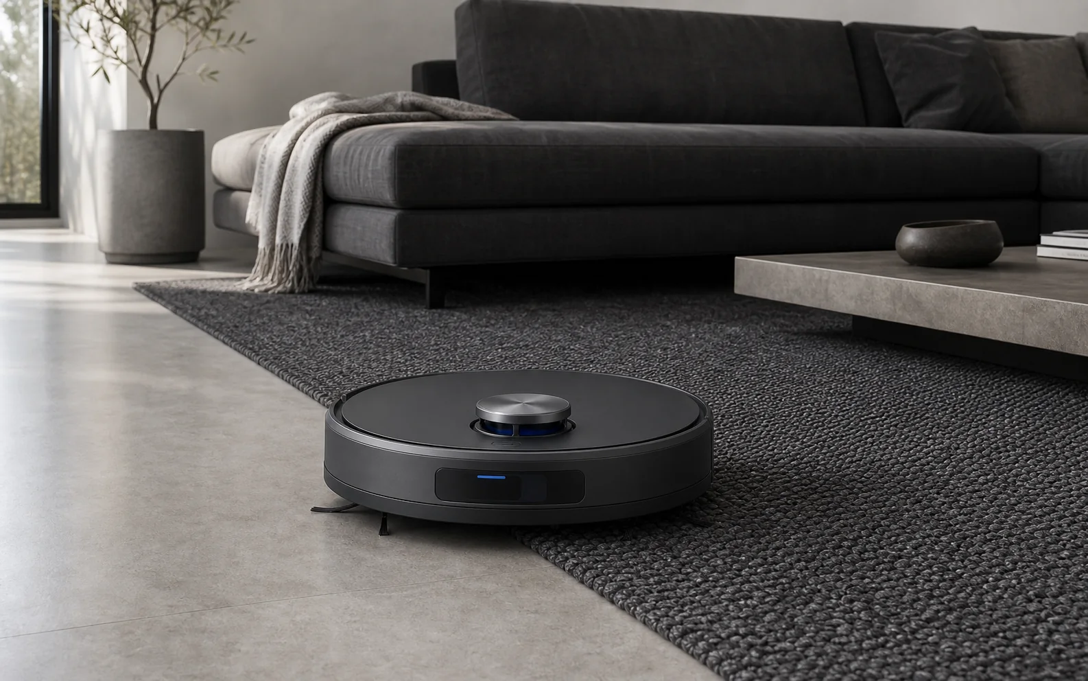 Robot vacuum moving from stone flooring onto a dark woven rug